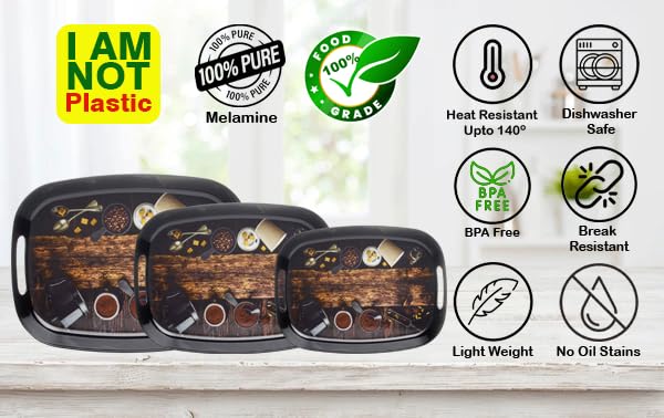 Dribble 100% Pure Melamine Serving Tray with Handle Set of 3 (Small, Medium & Large), Food Grade, BPA Free, for Kitchen, Dining, Serving Tea, Coffee and Meals, Shape Rectangular, Design: Cafe Culture