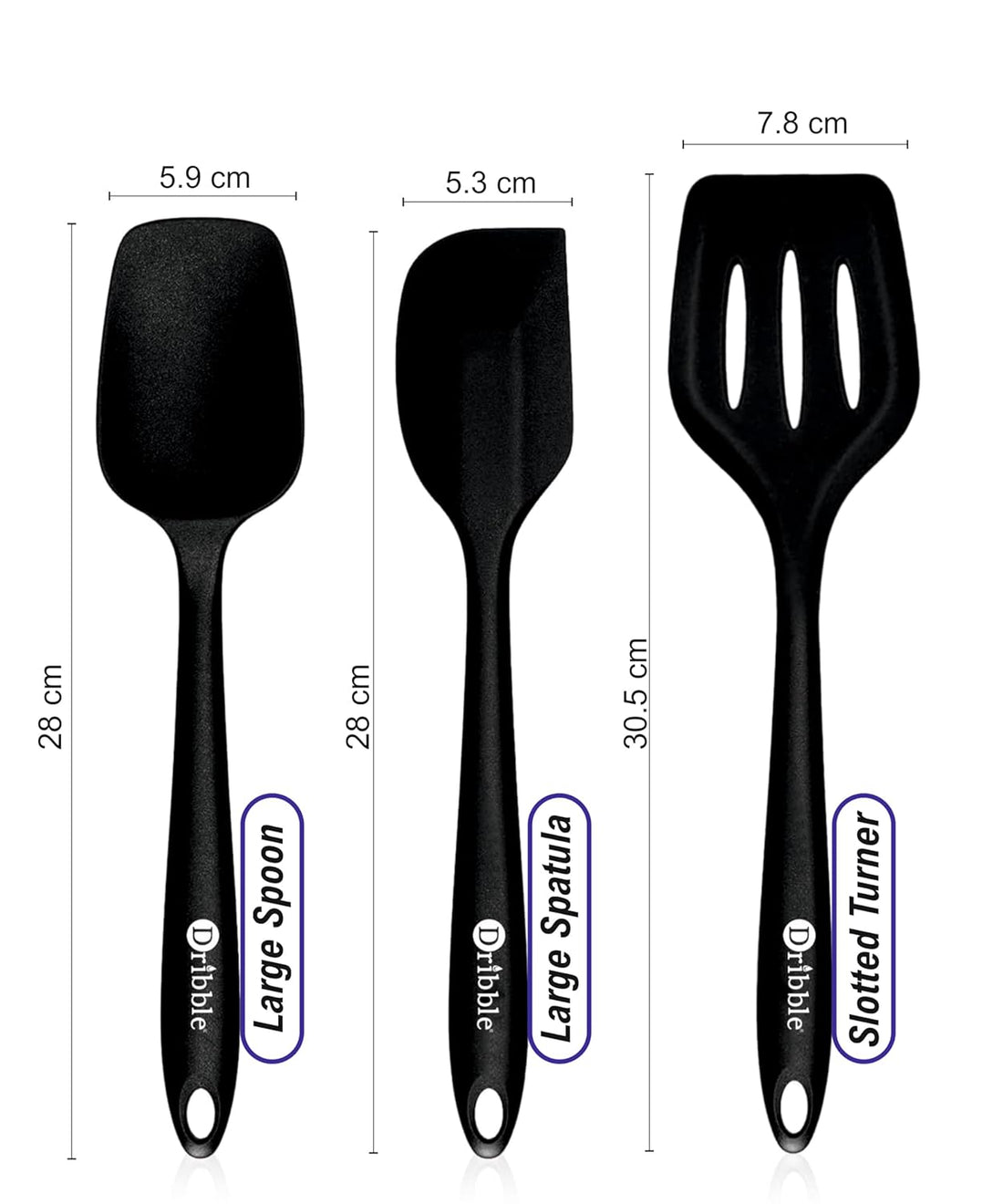 Dribble Premium Big & Sturdy Silicone Spatula Set of 3, Heat Resistant Spatulas for Non Stick Cooking,Baking & Mixing-BPA-Free & Food Grade, Black