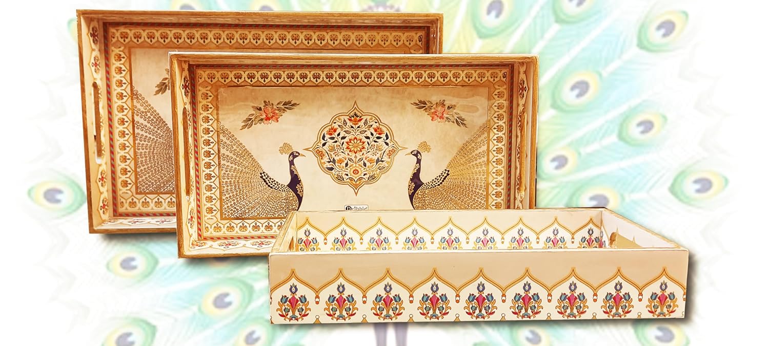 Click to see full view       Dribble Premium MDF Wood Serving Tray Set of 3 | Gold Engraved Decorative Trays | Waterproof Enamel Coated | Peacock Plazoo Design | Rectangular | 16x10,14x8 &12x6 Inch | for Kitchen, Dining & Gifting