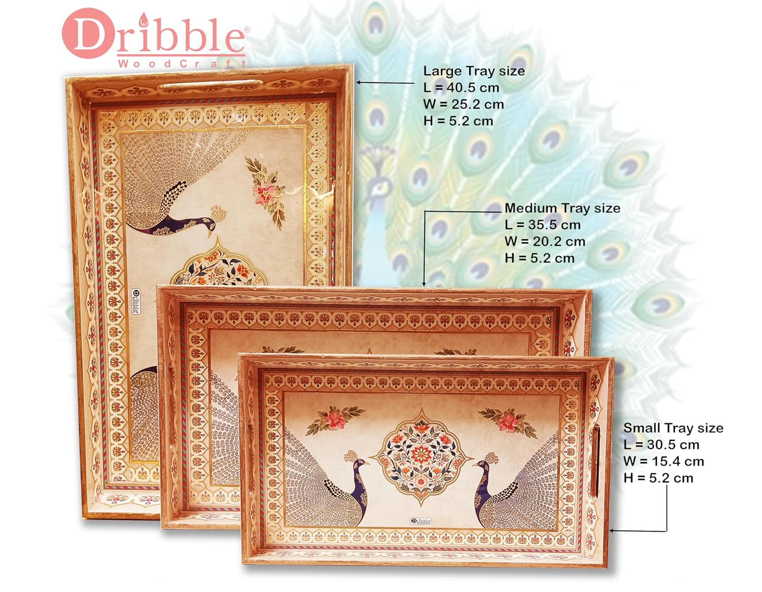 Click to see full view       Dribble Premium MDF Wood Serving Tray Set of 3 | Gold Engraved Decorative Trays | Waterproof Enamel Coated | Peacock Plazoo Design | Rectangular | 16x10,14x8 &12x6 Inch | for Kitchen, Dining & Gifting