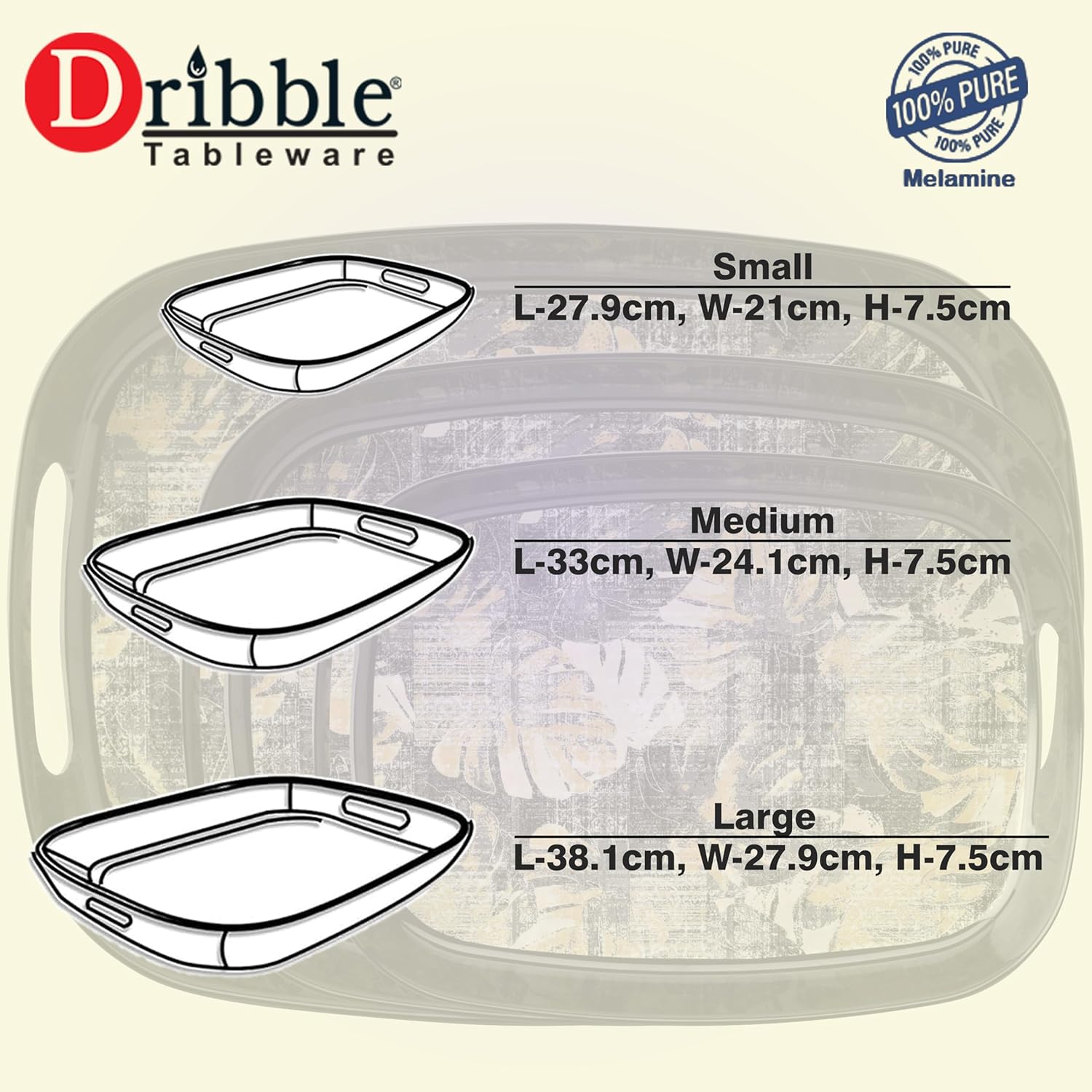 Dribble 100% Pure Melamine Serving Tray with Handle Set of 3 (Small, Medium & Large), Food Grade, BPA Free, for Kitchen, Dining, Serving Tea, Coffee and Meals, Shape Rectangular, Design: Earthy Bloom