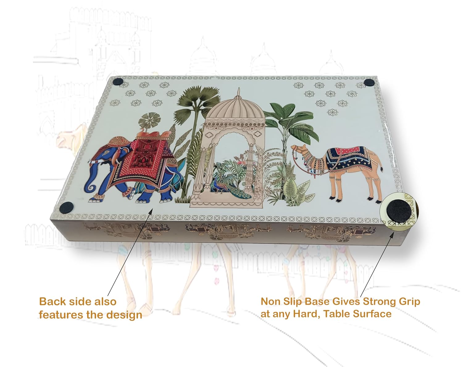 Dribble Premium MDF Wood Serving Tray Large | Gold Engraved Decorative Trays | Waterproof Enamel Coated | Royal Caravan Design | Rectangular | 16 x 10 Inch | for Kitchen, Dining & Gifting