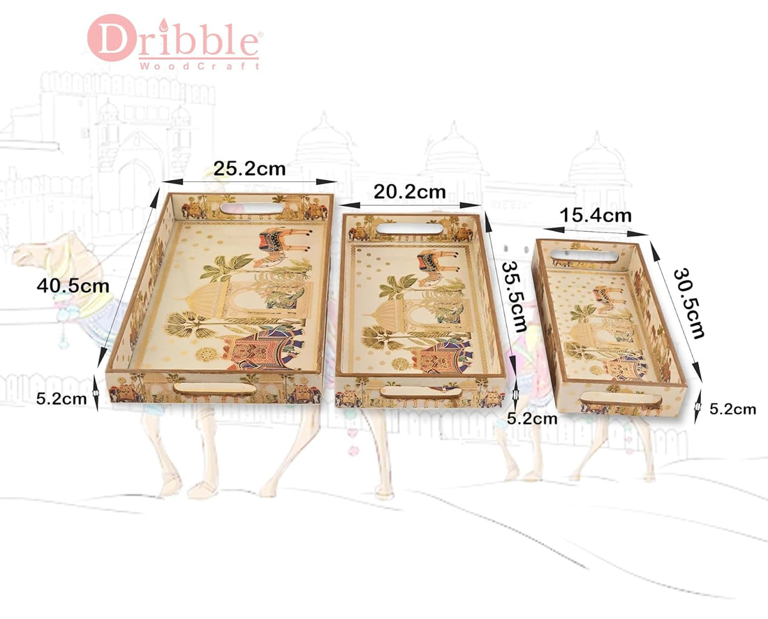 Dribble Premium MDF Wood Serving Tray Set of 3 | Gold Engraved Decorative Trays | Waterproof Enamel Coated | Royal Caravan Design | Rectangular | 16x10,14x8 &12x6 Inch | for Kitchen, Dining & Gifting