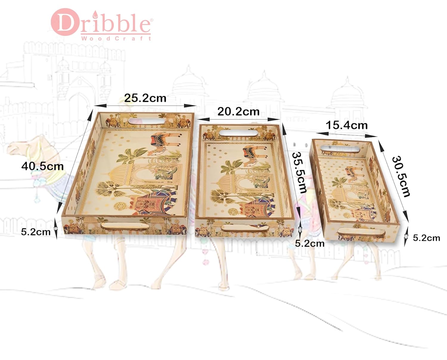 Dribble Premium MDF Wood Serving Tray Set of 3 | Gold Engraved Decorative Trays | Waterproof Enamel Coated | Royal Caravan Design | Rectangular | 16x10,14x8 &12x6 Inch | for Kitchen, Dining & Gifting