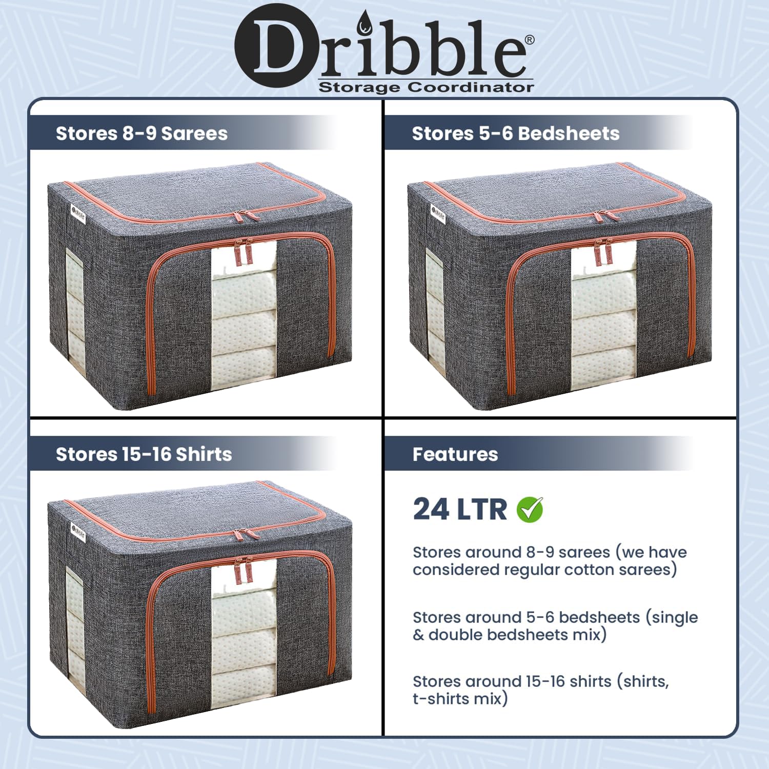 Dribble 2pcs Foldable Steel Frame Clothes Organizer Storage Box for Wardrobe, Saree, Shirts, and Blankets (24 Ltr) Grey