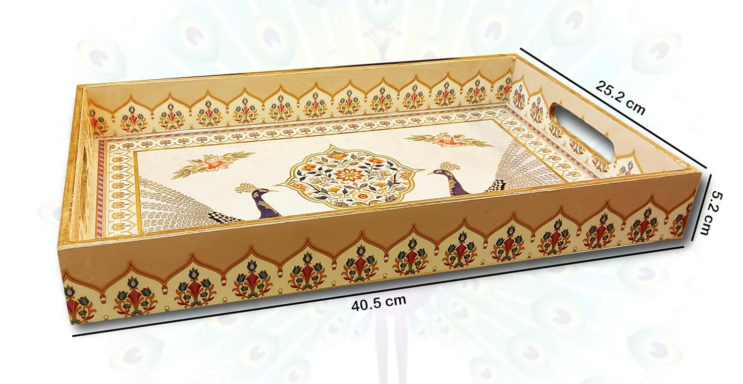 Dribble Premium MDF Wood Serving Tray Large | Gold Engraved Decorative Trays | Waterproof Enamel Coated | Peacock Plazoo Design | Rectangular | 16 x 10 Inch | for Kitchen, Dining & Gifting