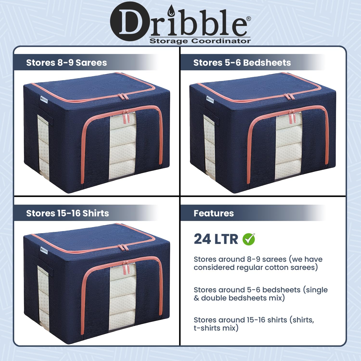 Dribble 2Pcs Foldable Steel Frame Clothes Organizer Storage Box for Wardrobe, Saree, Shirts, and Blankets (24 Ltr) Blue