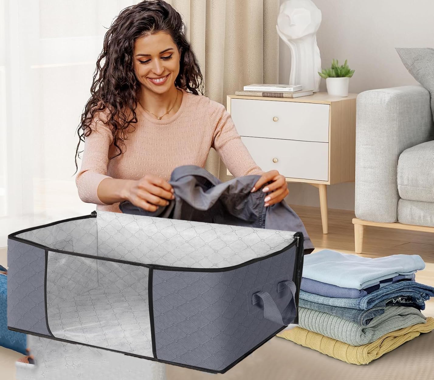 Dribble 2 PCS Collapsible Fabric Storage Box with Handles | Foldable Storage Bag for Bedroom, Closet, Clothing, Comforter, Sweater, Organization and Storage | Large Storage Organizers – Grey (35 Ltr)