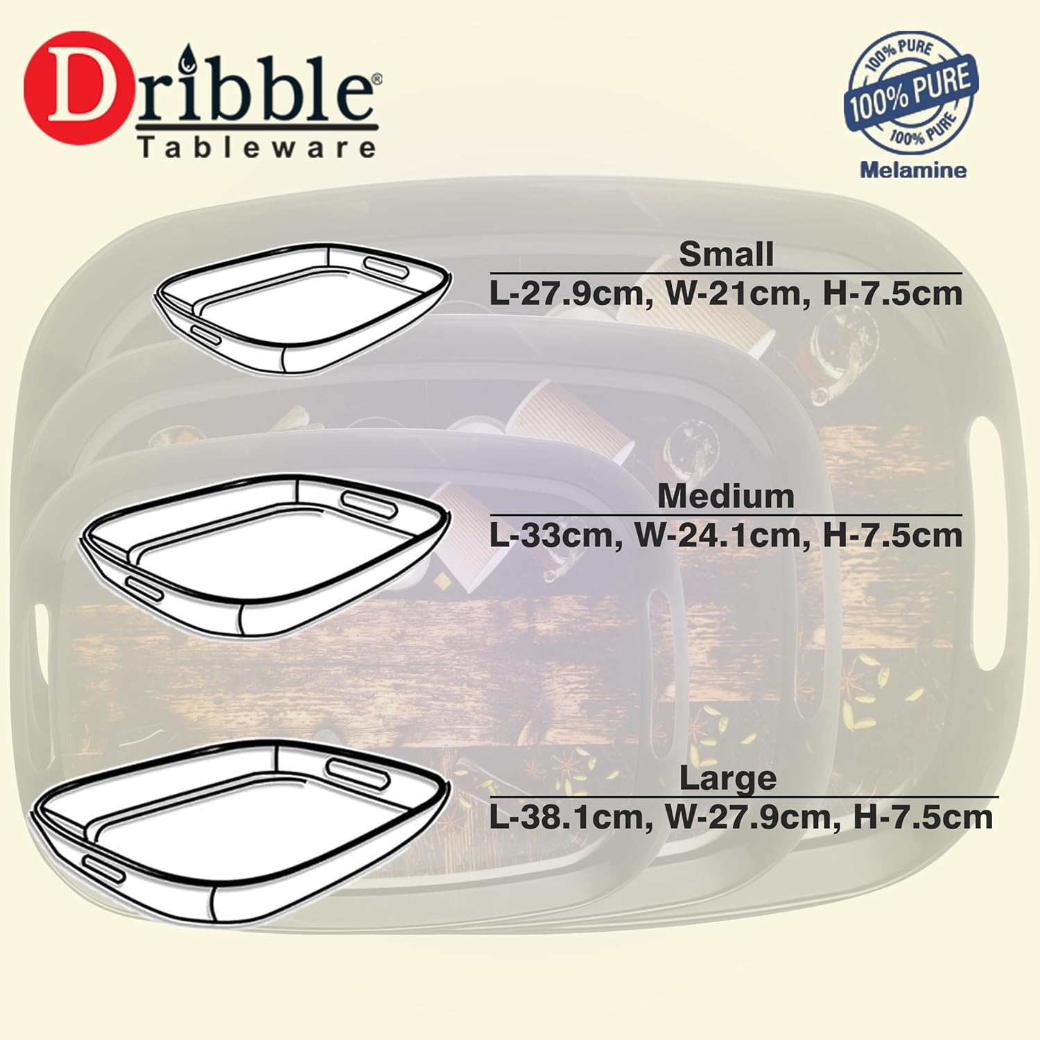Dribble 100% Pure Melamine Serving Tray with Handle Set of 3 (Small, Medium & Large), Food Grade, BPA Free, for Kitchen, Dining, Serving Tea, Coffee and Meals, Shape Rectangular, Design: Cafe Culture