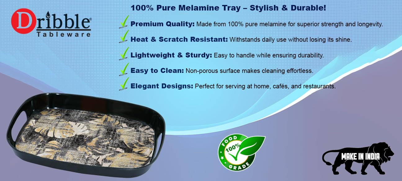 Dribble 100% Pure Melamine Serving Tray with Handle Set of 3 (Small, Medium & Large), Food Grade, BPA Free, for Kitchen, Dining, Serving Tea, Coffee and Meals, Shape Rectangular, Design: Earthy Bloom