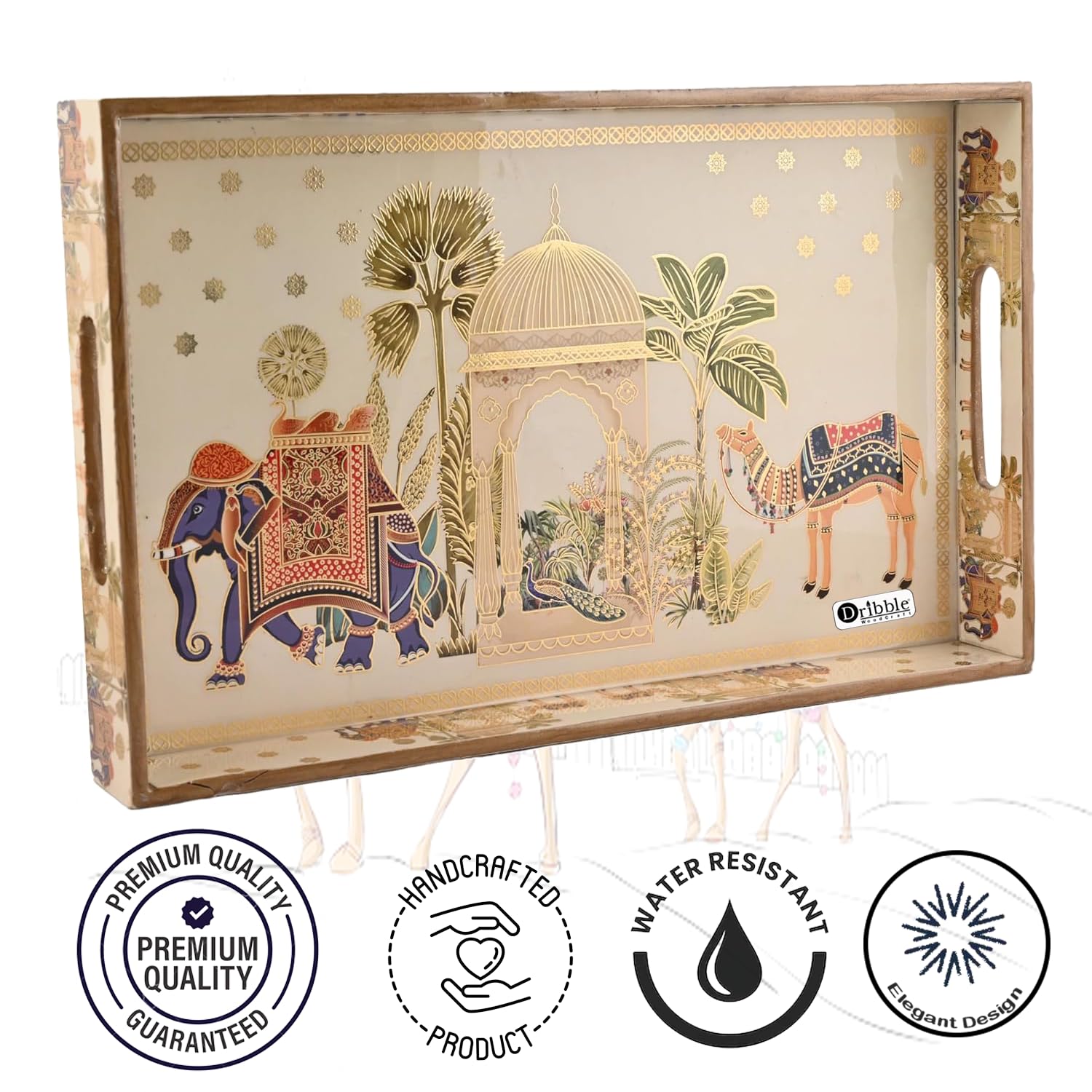 Dribble Premium MDF Wood Serving Tray Large | Gold Engraved Decorative Trays | Waterproof Enamel Coated | Royal Caravan Design | Rectangular | 16 x 10 Inch | for Kitchen, Dining & Gifting