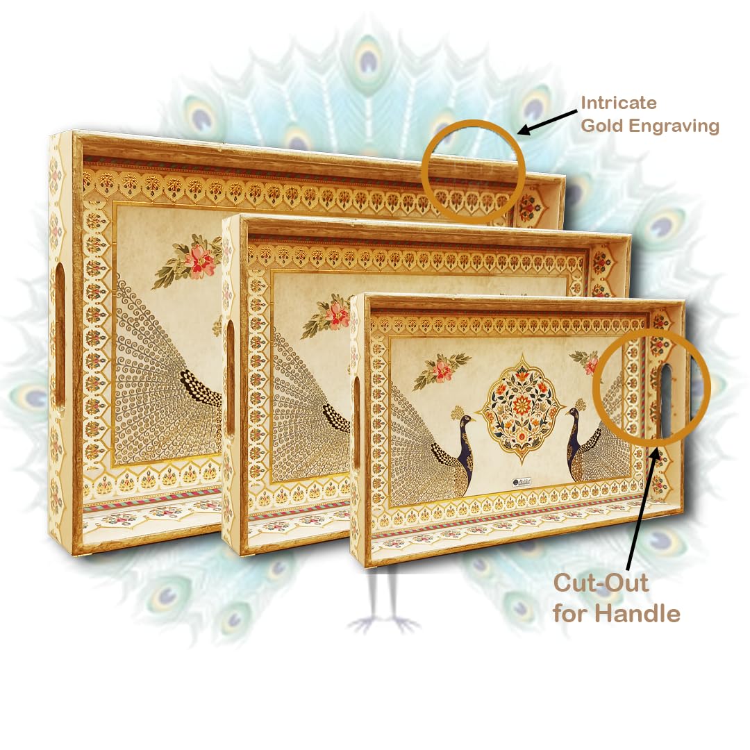 Click to see full view       Dribble Premium MDF Wood Serving Tray Set of 3 | Gold Engraved Decorative Trays | Waterproof Enamel Coated | Peacock Plazoo Design | Rectangular | 16x10,14x8 &12x6 Inch | for Kitchen, Dining & Gifting