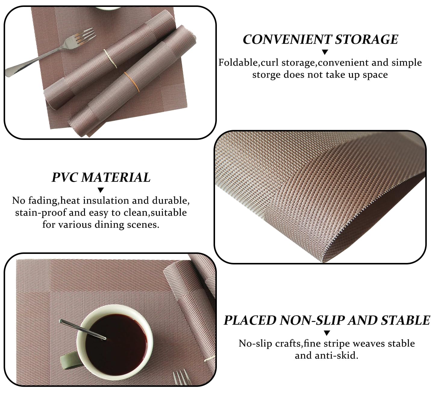 Dribble PVC Placemats Set of 6 | Heat-Resistant, Washable, Waterproof Table Mats | Anti-Slip Dining Table Placemats for Kitchen & Home Decor – 45x30cm, Design -Cinnamon Weave