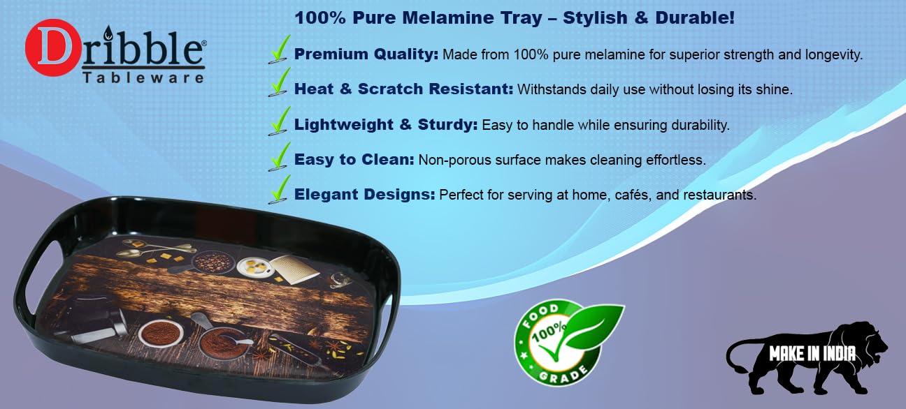 Dribble 100% Pure Melamine Serving Tray with Handle Set of 3 (Small, Medium & Large), Food Grade, BPA Free, for Kitchen, Dining, Serving Tea, Coffee and Meals, Shape Rectangular, Design: Cafe Culture
