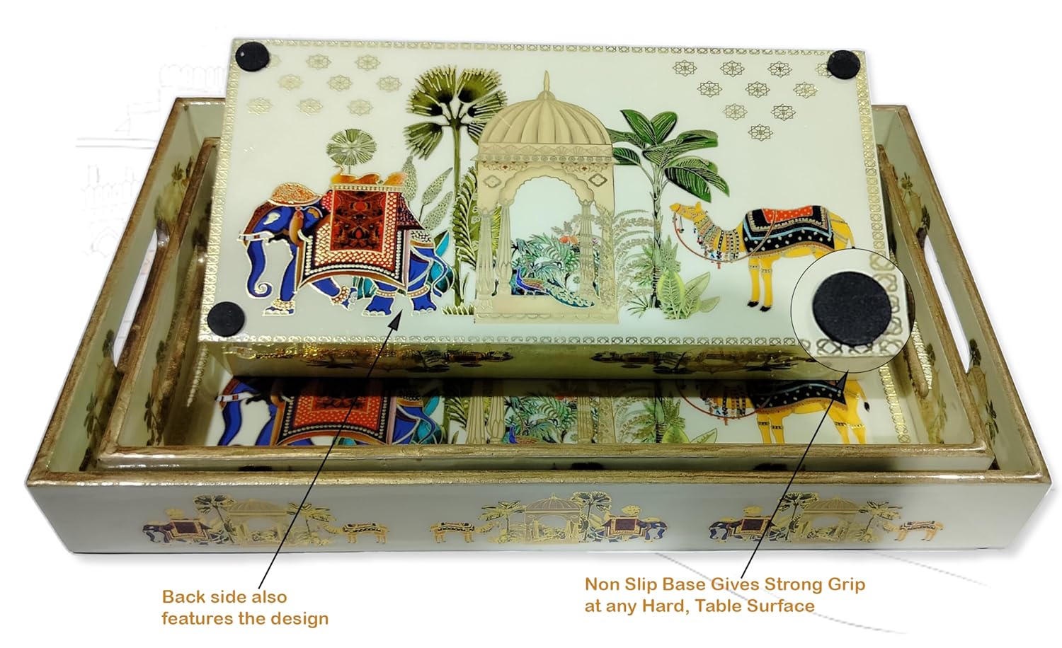 Dribble Premium MDF Wood Serving Tray Set of 3 | Gold Engraved Decorative Trays | Waterproof Enamel Coated | Royal Caravan Design | Rectangular | 16x10,14x8 &12x6 Inch | for Kitchen, Dining & Gifting