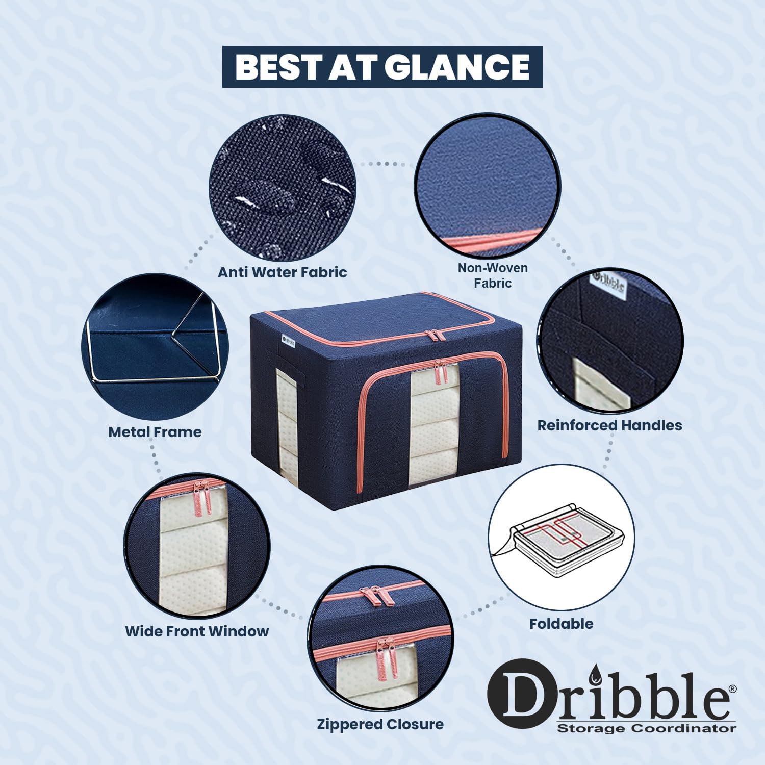 Dribble 2Pcs Foldable Steel Frame Clothes Organizer Storage Box for Wardrobe, Saree, Shirts, and Blankets (24 Ltr) Blue