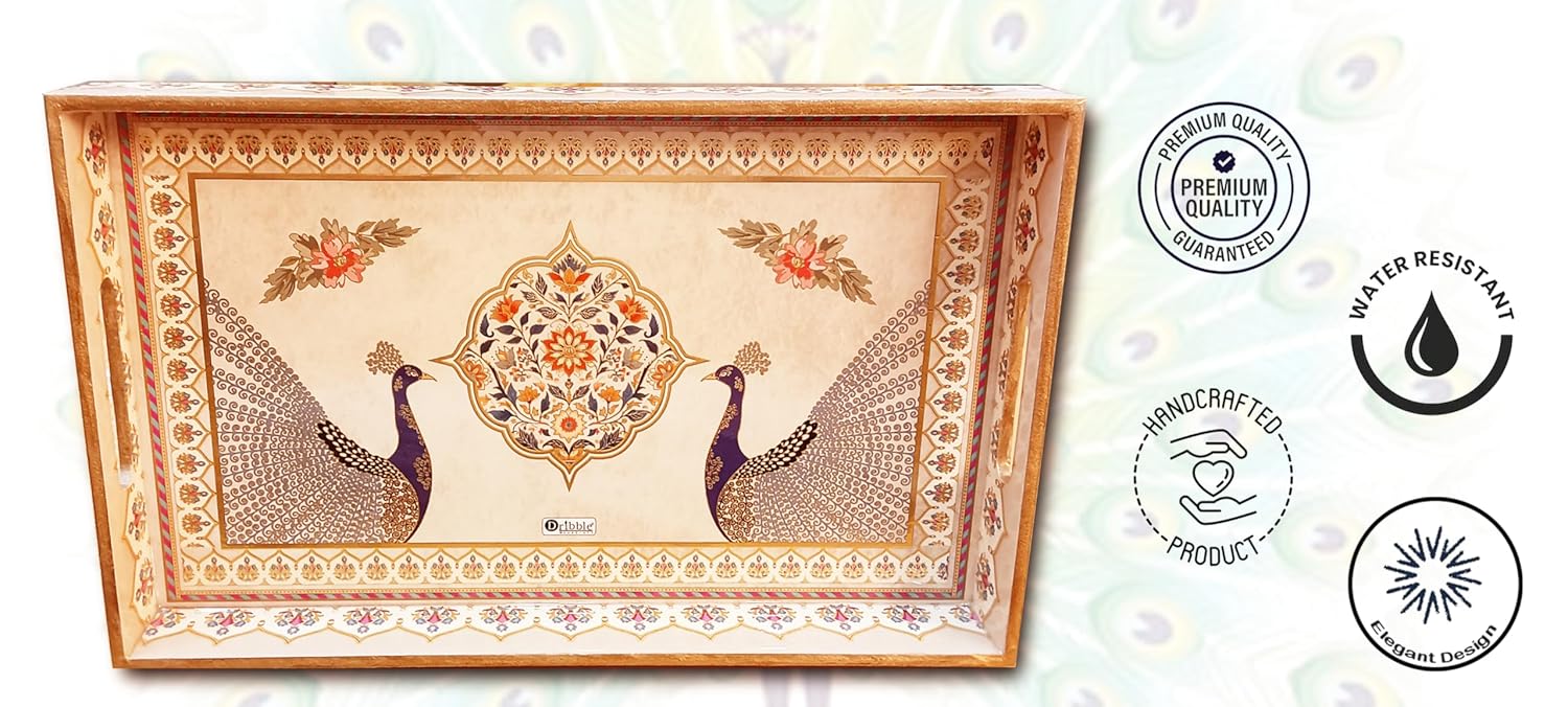 Dribble Premium MDF Wood Serving Tray Large | Gold Engraved Decorative Trays | Waterproof Enamel Coated | Peacock Plazoo Design | Rectangular | 16 x 10 Inch | for Kitchen, Dining & Gifting