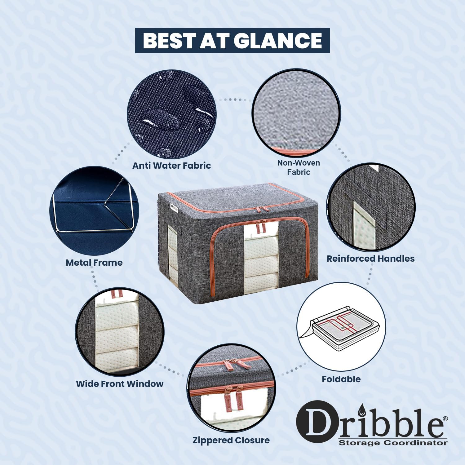 Dribble 2pcs Foldable Steel Frame Clothes Organizer Storage Box for Wardrobe, Saree, Shirts, and Blankets (24 Ltr) Grey