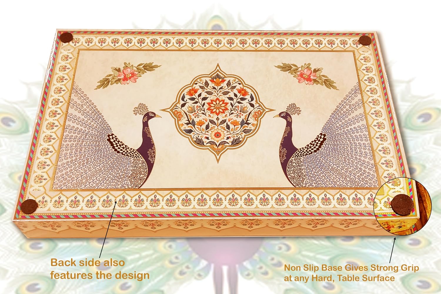 Dribble Premium MDF Wood Serving Tray Large | Gold Engraved Decorative Trays | Waterproof Enamel Coated | Peacock Plazoo Design | Rectangular | 16 x 10 Inch | for Kitchen, Dining & Gifting