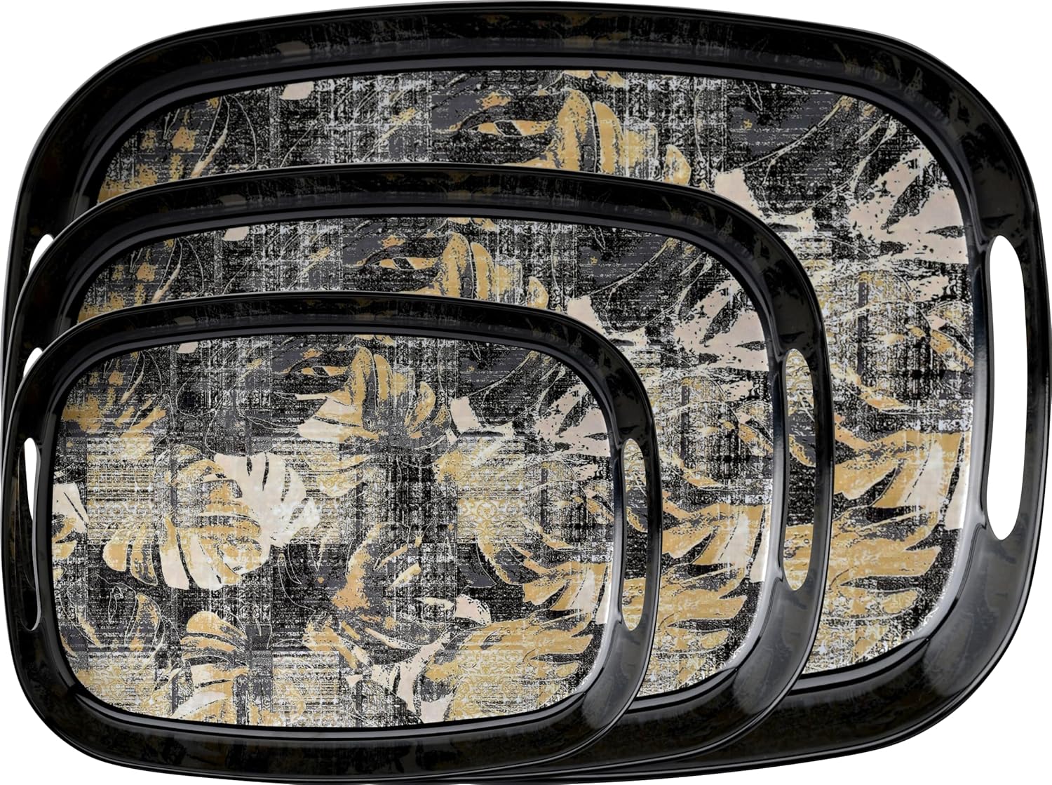 Dribble 100% Pure Melamine Serving Tray with Handle Set of 3 (Small, Medium & Large), Food Grade, BPA Free, for Kitchen, Dining, Serving Tea, Coffee and Meals, Shape Rectangular, Design: Earthy Bloom