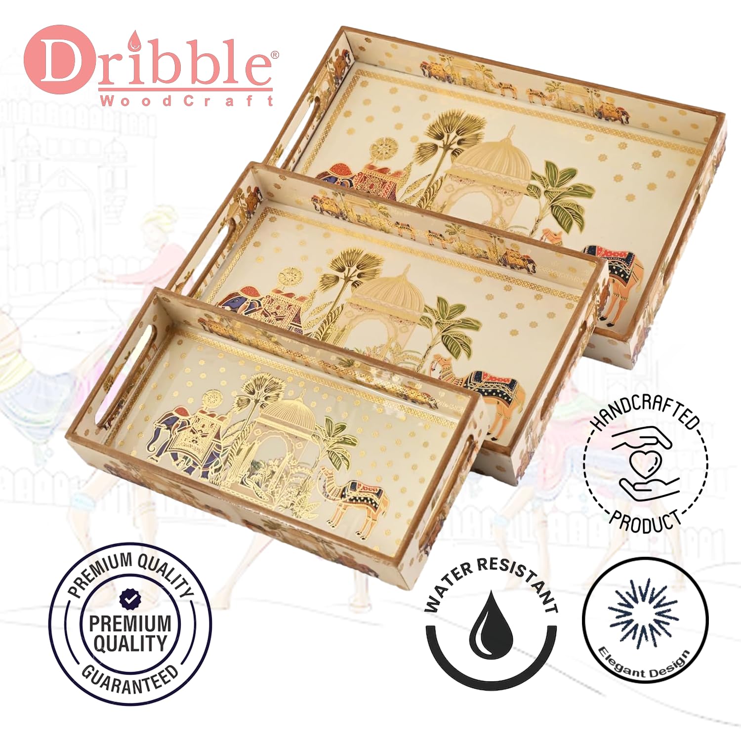 Dribble Premium MDF Wood Serving Tray Set of 3 | Gold Engraved Decorative Trays | Waterproof Enamel Coated | Royal Caravan Design | Rectangular | 16x10,14x8 &12x6 Inch | for Kitchen, Dining & Gifting