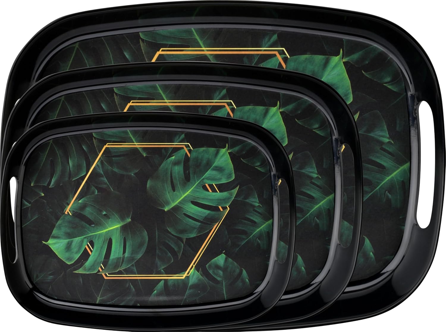 Dribble 100% Pure Melamine Serving Tray with Handle Set of 3 (Small, Medium & Large), Food Grade, BPA Free, for Kitchen, Dining, Serving Tea, Coffee and Meals, Shape Rectangular, Design: Night Safari