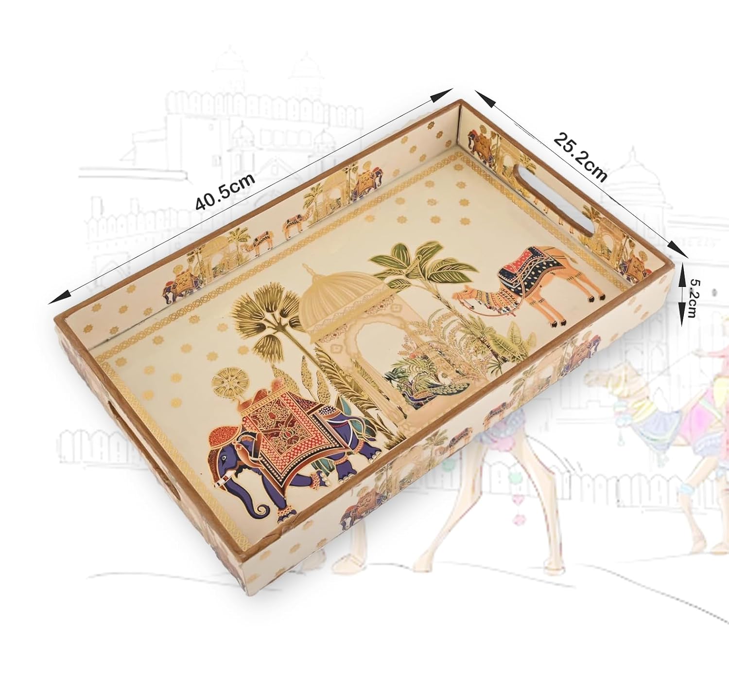 Dribble Premium MDF Wood Serving Tray Large | Gold Engraved Decorative Trays | Waterproof Enamel Coated | Royal Caravan Design | Rectangular | 16 x 10 Inch | for Kitchen, Dining & Gifting