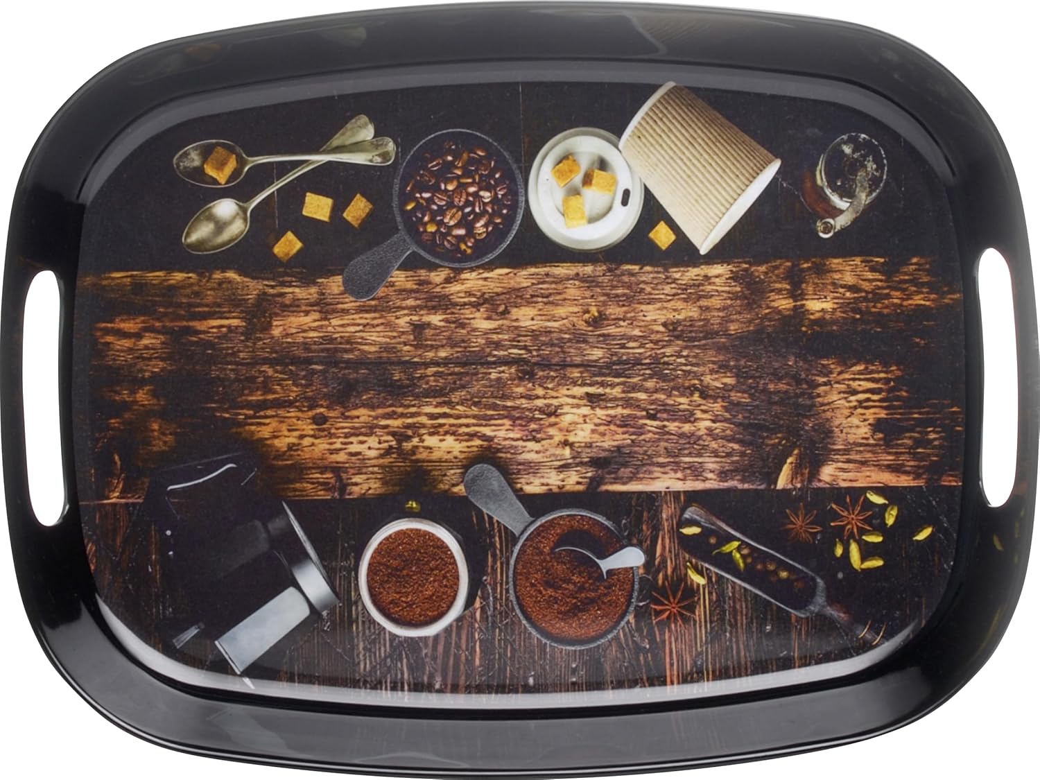 Dribble 100% Pure Melamine Serving Tray with Handle Set of 3 (Small, Medium & Large), Food Grade, BPA Free, for Kitchen, Dining, Serving Tea, Coffee and Meals, Shape Rectangular, Design: Cafe Culture