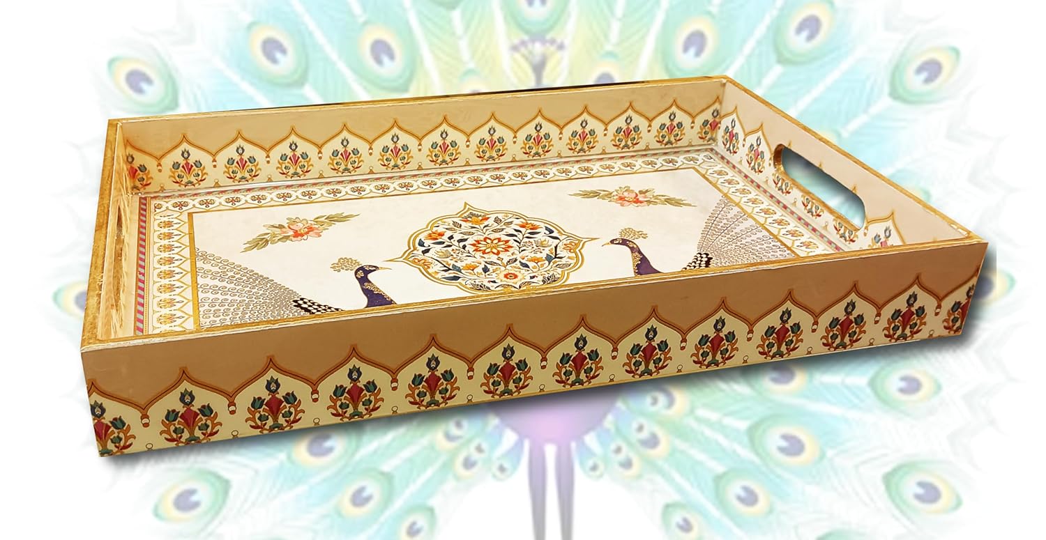 Dribble Premium MDF Wood Serving Tray Large | Gold Engraved Decorative Trays | Waterproof Enamel Coated | Peacock Plazoo Design | Rectangular | 16 x 10 Inch | for Kitchen, Dining & Gifting