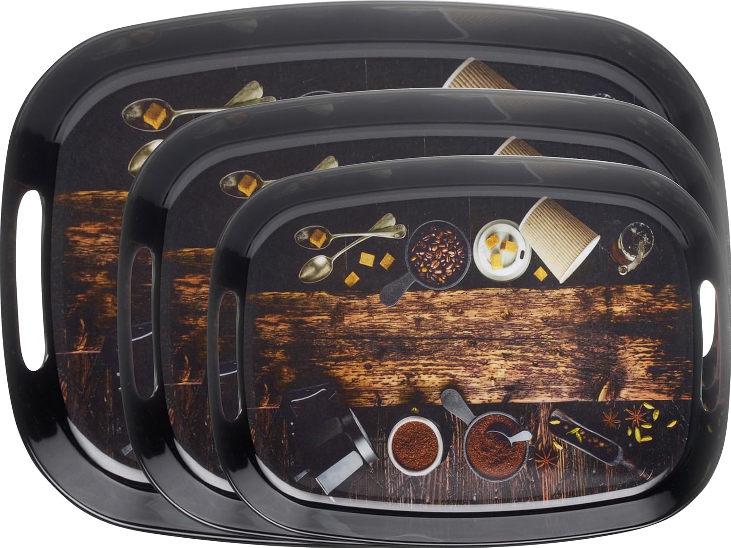 Dribble 100% Pure Melamine Serving Tray with Handle Set of 3 (Small, Medium & Large), Food Grade, BPA Free, for Kitchen, Dining, Serving Tea, Coffee and Meals, Shape Rectangular, Design: Cafe Culture