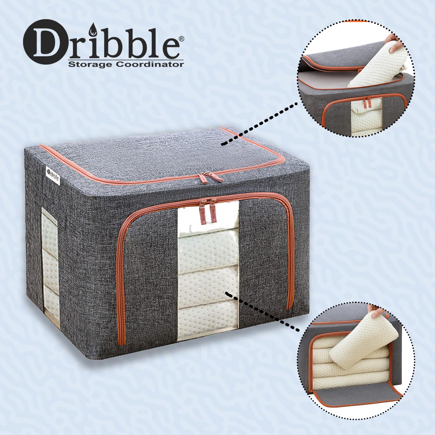 Dribble 2pcs Foldable Steel Frame Clothes Organizer Storage Box for Wardrobe, Saree, Shirts, and Blankets (24 Ltr) Grey