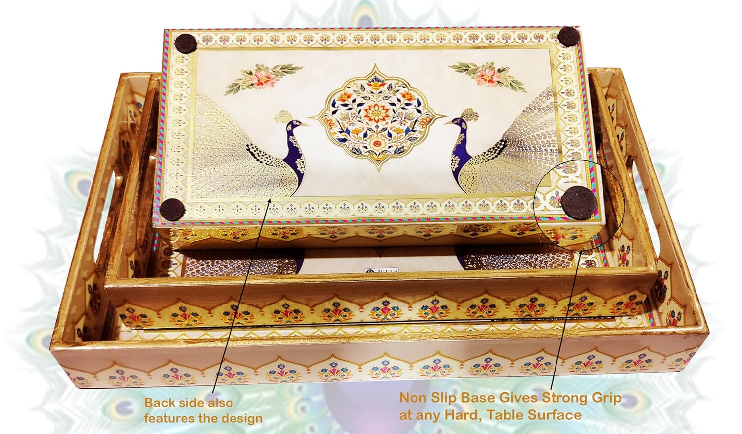 Click to see full view       Dribble Premium MDF Wood Serving Tray Set of 3 | Gold Engraved Decorative Trays | Waterproof Enamel Coated | Peacock Plazoo Design | Rectangular | 16x10,14x8 &12x6 Inch | for Kitchen, Dining & Gifting
