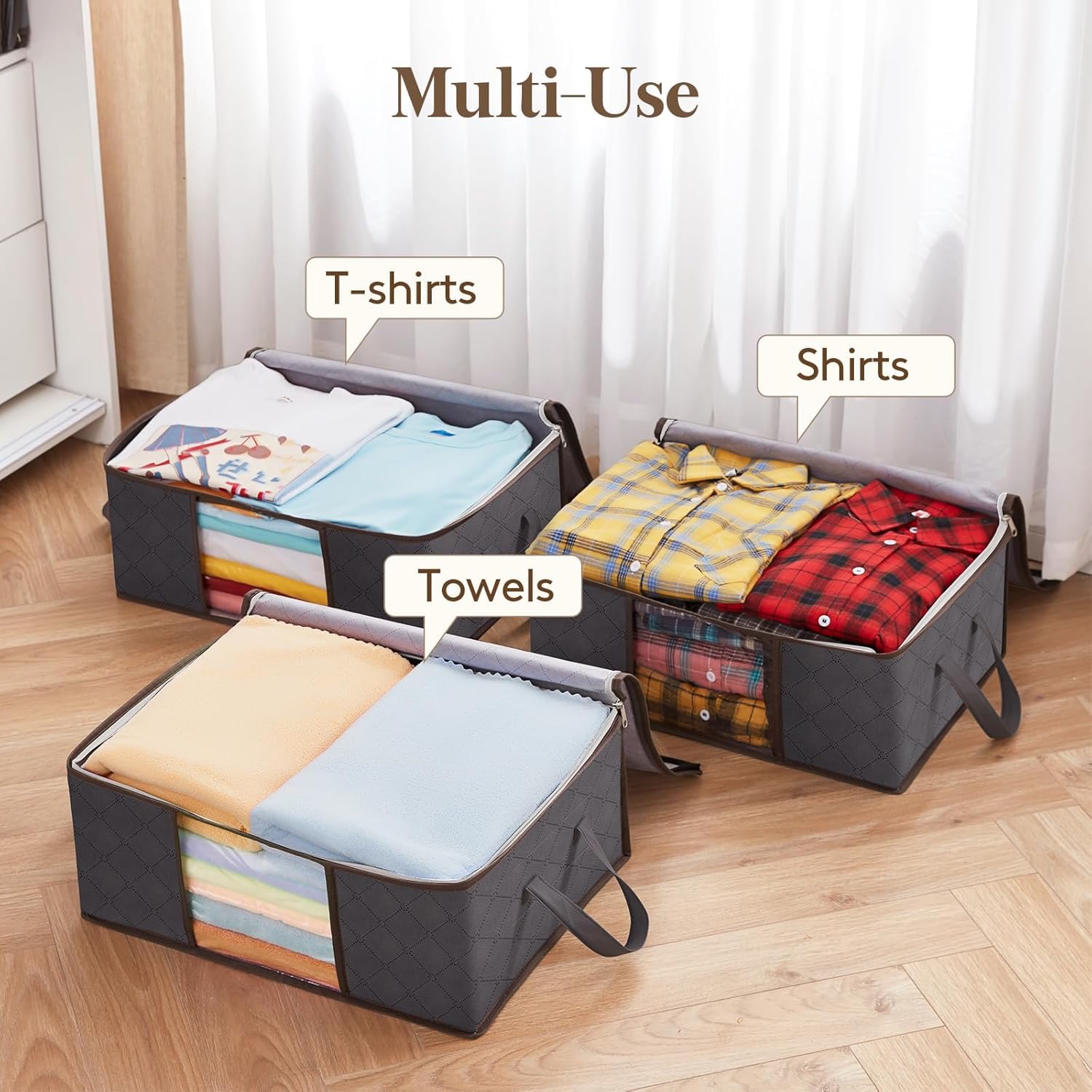 Dribble 3 PCS Collapsible Fabric Storage Box with Handles | Foldable Storage Bag for Bedroom, Closet, Clothing, Comforter, Sweater, Organization and Storage | Large Storage Organizers – Grey (35 Ltr)