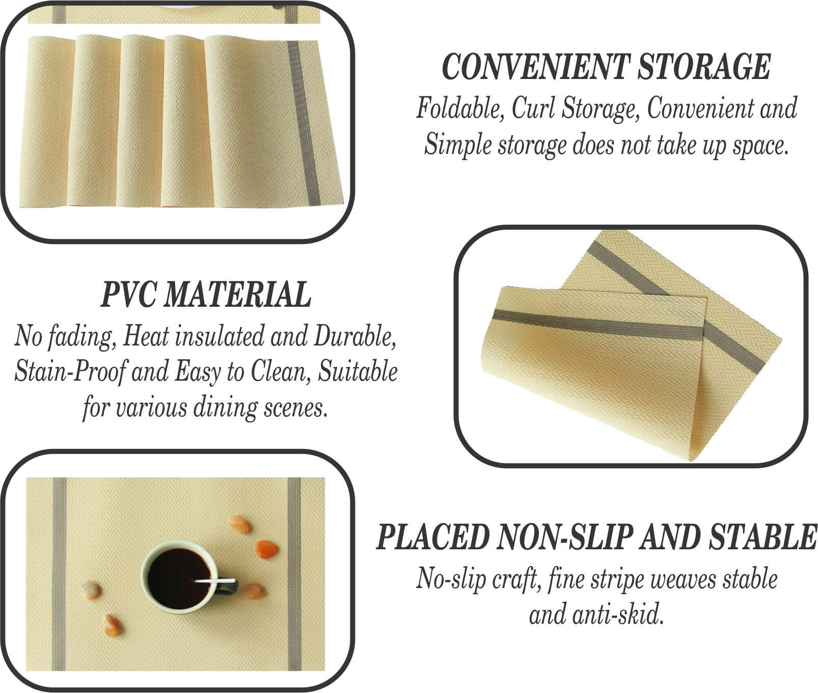 Dribble Premium PVC Placemats Set of 6 | Heat-Resistant, Washable, Waterproof Table Mats | Anti-Slip Dining Table Placemats for Kitchen & Home Decor – 45x30cm, Design - Ivory Charm