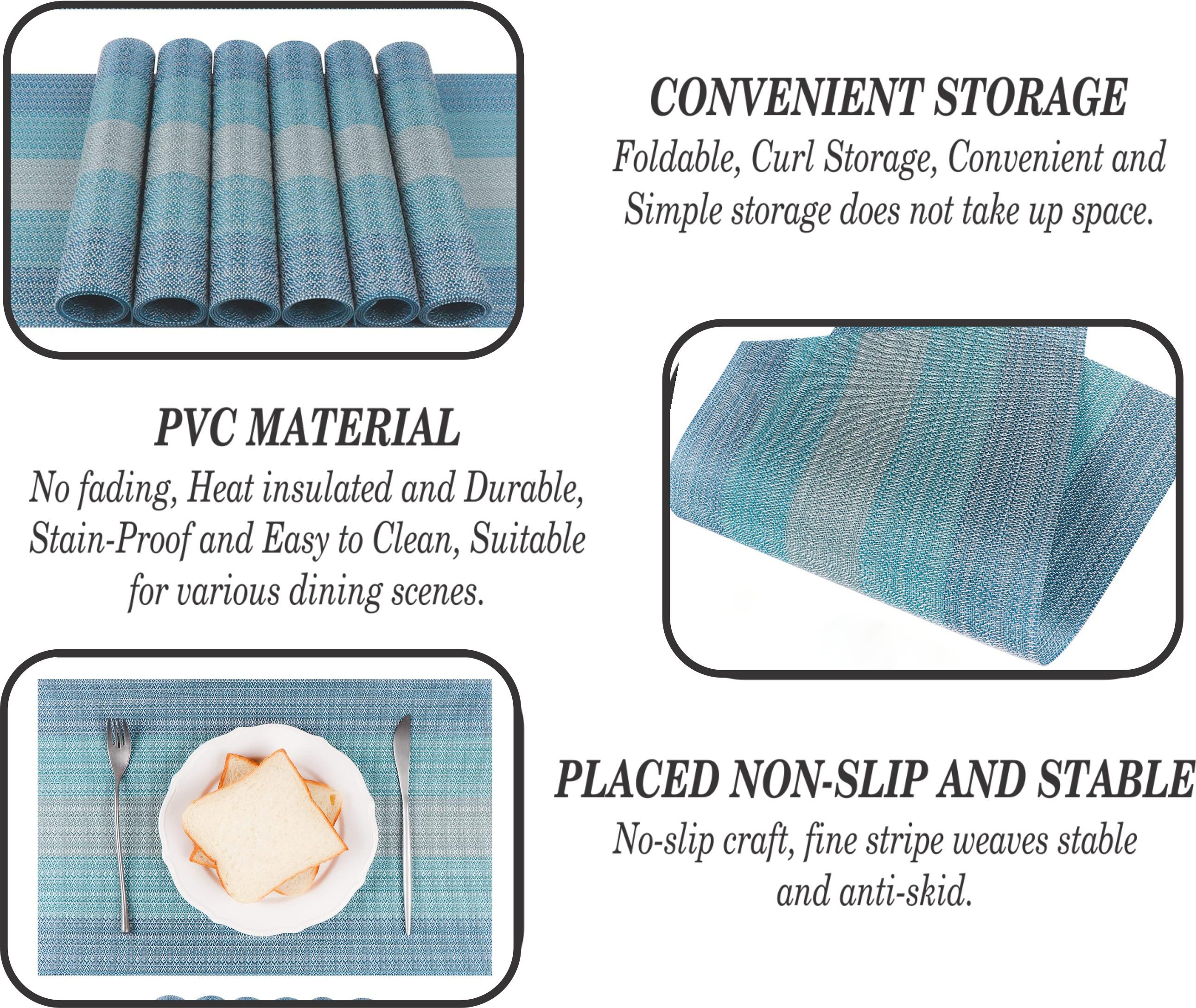 Dribble Premium PVC Placemats Set of 4 | Heat-Resistant, Washable, Waterproof Table Mats | Anti-Slip Dining Table Placemats for Kitchen & Home Decor – 45x30cm, Design - Mayura Blue