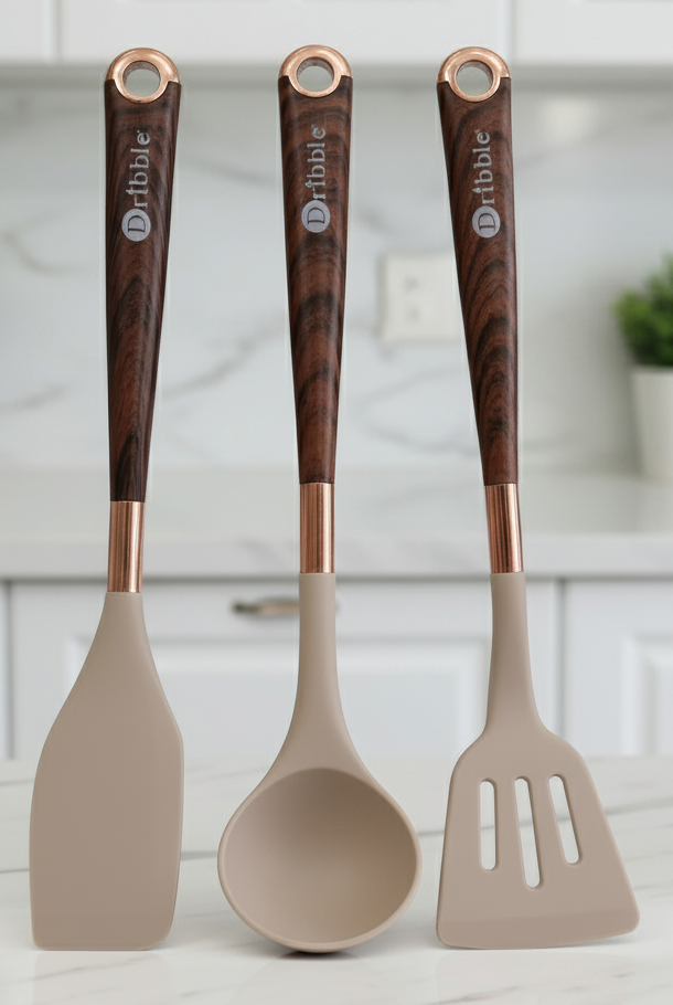 Dribble Premium Big & Sturdy Silicone Spatula Set of 3, Heat Resistant for Non-Stick Cooking,Baking & Mixing,BPA-Free,Food Grade with Designer Handle,Flexible Spatulas for Mixing, Stirring & Flipping