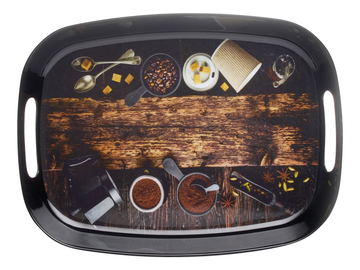 Dribble 100% Pure Melamine Serving Tray with Handle Medium, Food Grade, BPA Free, for Kitchen, Dining, Serving Tea, Coffee and Meals, Shape Rectangular, Design: Cafe Culture