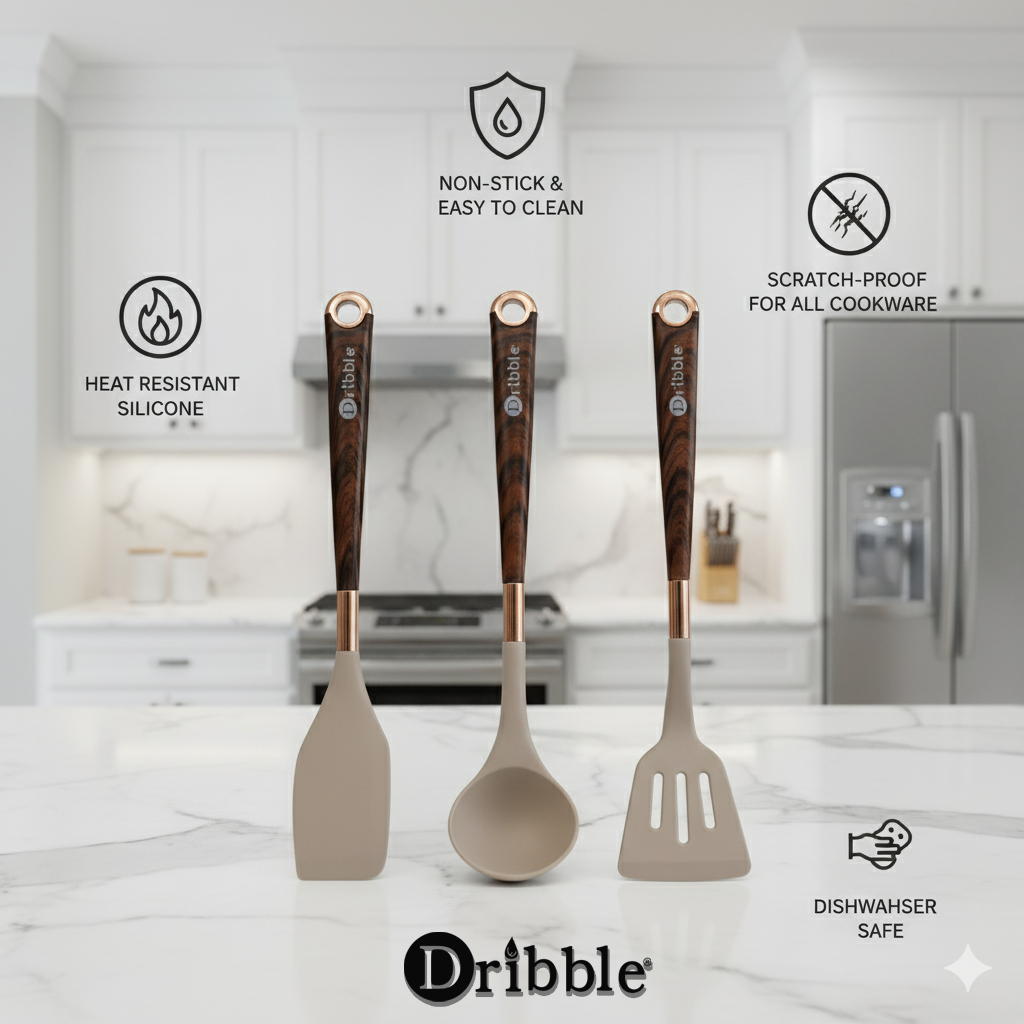 Dribble Premium Big & Sturdy Silicone Spatula Set of 3, Heat Resistant for Non-Stick Cooking,Baking & Mixing,BPA-Free,Food Grade with Designer Handle,Flexible Spatulas for Mixing, Stirring & Flipping