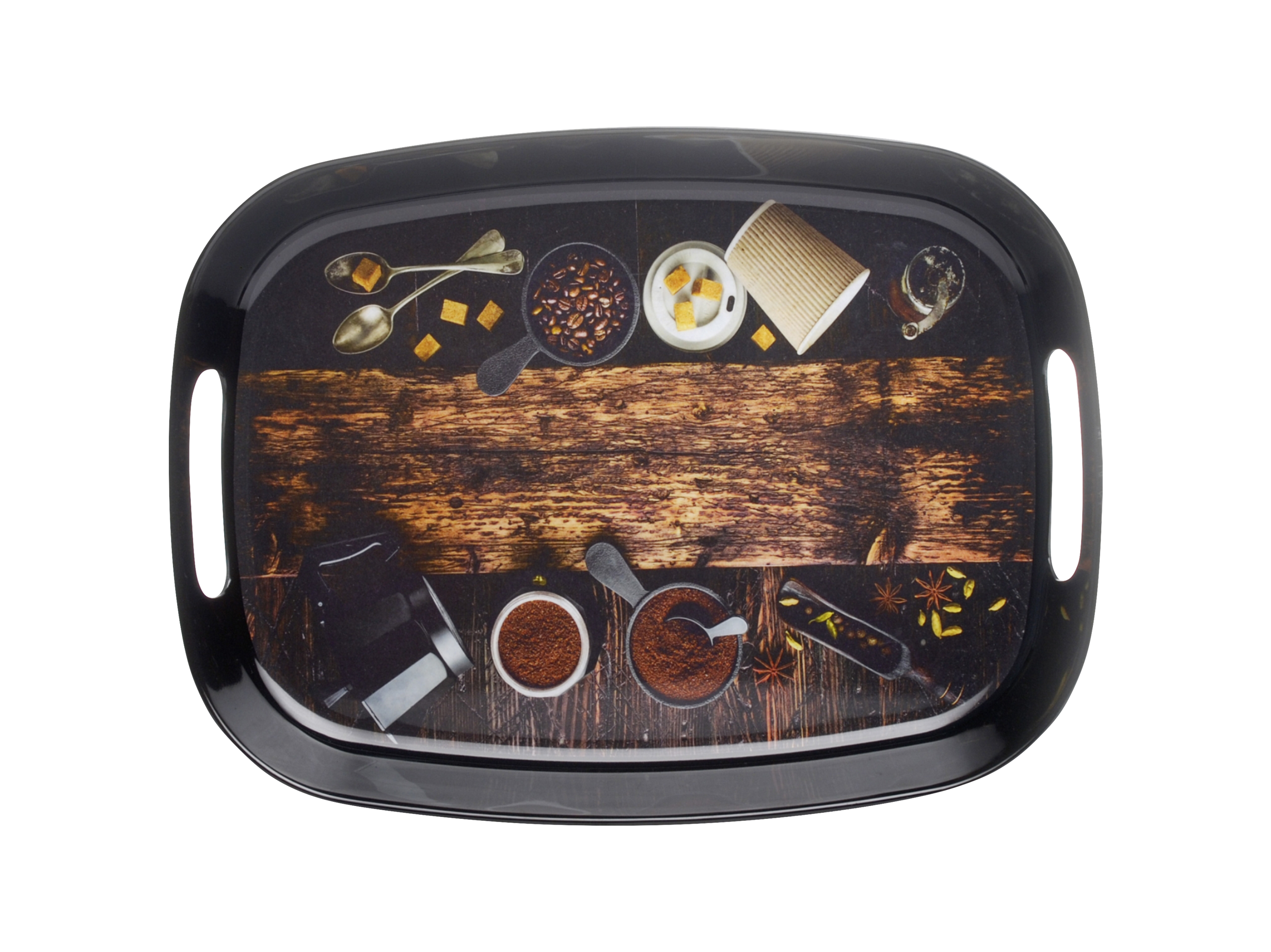 Dribble 100% Pure Melamine Serving Tray with Handle Small, Food Grade, BPA Free, for Kitchen, Dining, Serving Tea, Coffee and Meals, Shape Rectangular, Design: Cafe Culture
